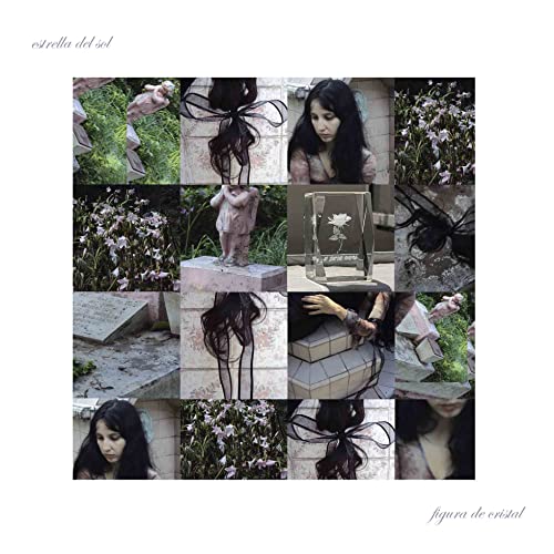 Collage of photos featuring a woman, a crystal rose, statues, flowers, and black ribbons.