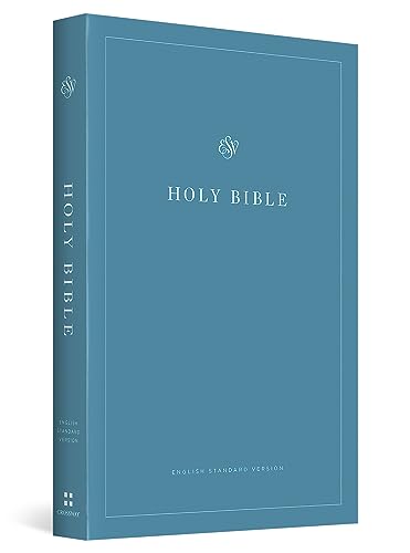 Blue hardcover Bible with “HOLY BIBLE” and “ENGLISH STANDARD VERSION” text.