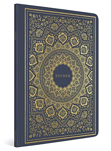 Dark blue journal with gold floral design and the word "Esther".