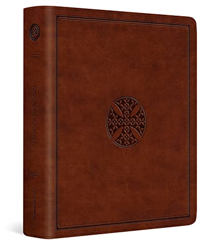 Brown leather ESV Journaling Bible with an embossed cross design on the front cover.