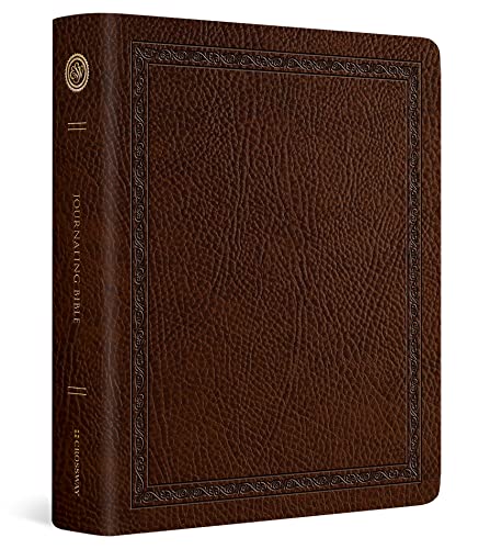 Brown leather-bound Bible with ornate border and the word "JOURNALING" vertically.