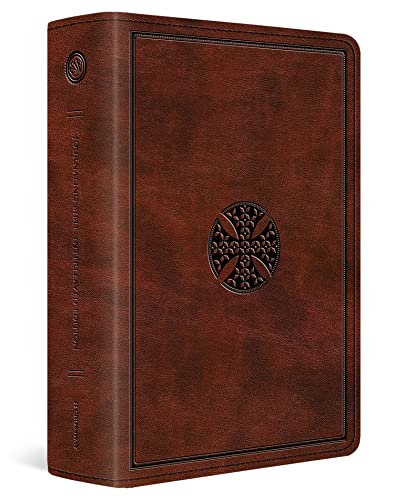 Brown leather-bound Bible with a Celtic cross design on the cover.