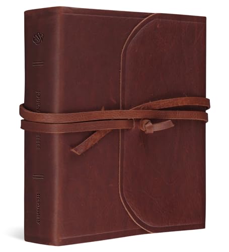 Brown leather-bound Bible with a tie closure and gold lettering.