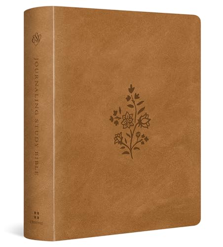 Caramel-colored leather Bible with a floral design on the cover and spine text.