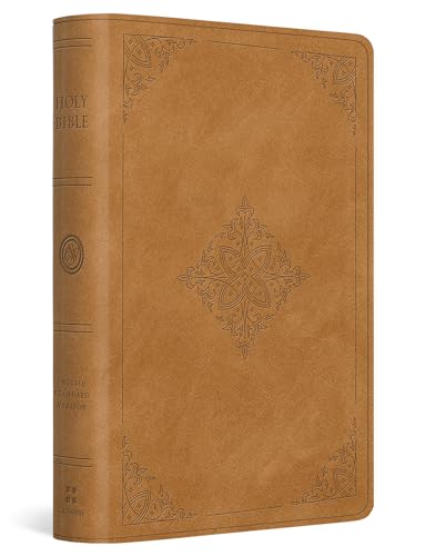 Caramel-colored Bible with fleur-de-lis design, closed and facing forward.