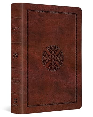 Brown leather Bible with a central embossed cross design.