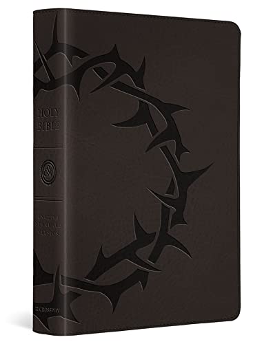 Dark brown leather Bible with thorn design and gold lettering.