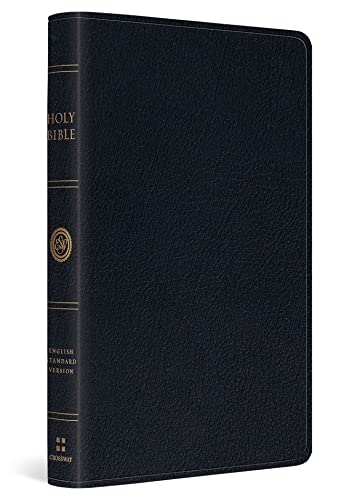 Black leather-bound Bible with gold lettering, closed and angled slightly.