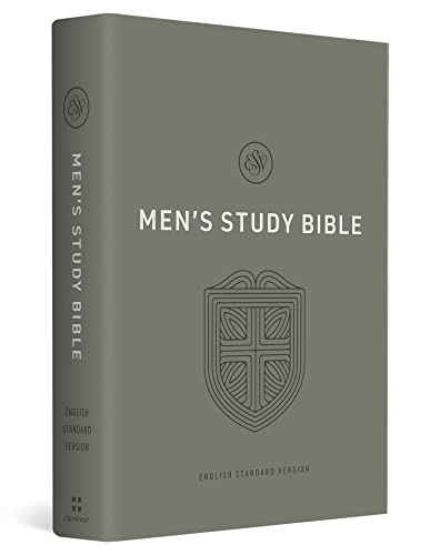 Olive green hardcover Bible titled "Men's Study Bible" with a shield emblem.