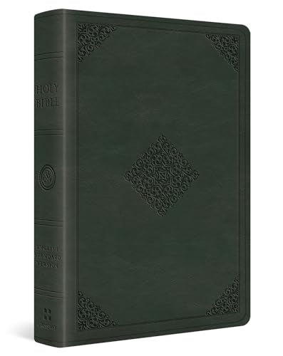 Dark green leather-bound Bible with ornate corner and center designs.