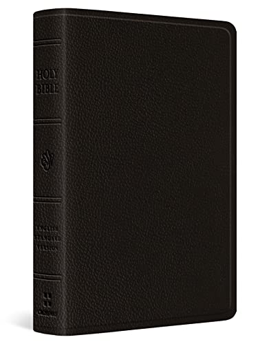 Black leather-bound pocket Bible, closed, with gold lettering on the spine.