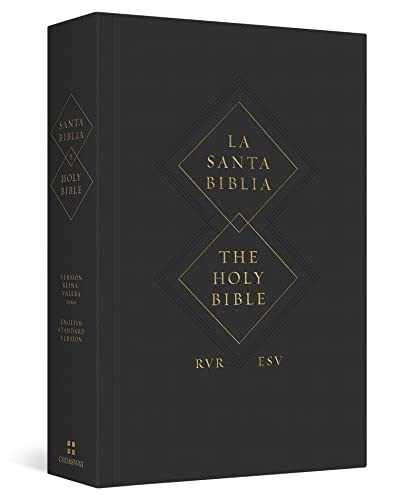 Black hardcover Spanish and English parallel Bible with gold geometric text on the cover.