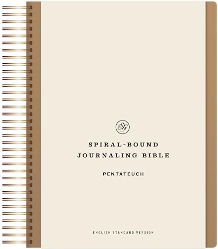 Cream-colored spiral-bound Bible, labeled "Journaling Bible, Pentateuch.