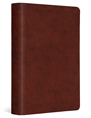 A brown leather-bound ESV Student Study Bible standing upright against a white background.