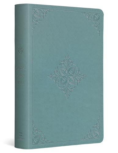 Teal hardcover Bible with ornate silver designs and “STUDY” text.