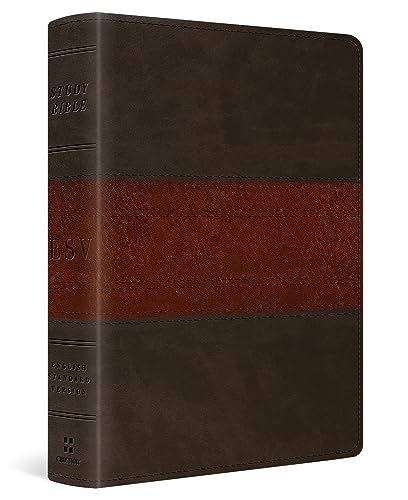 Closed brown and black leather-bound ESV Study Bible with gold lettering.