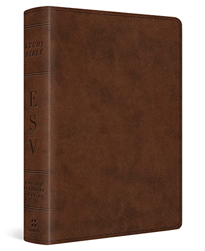 Brown leather-bound ESV Study Bible, closed, with gold lettering on the spine.