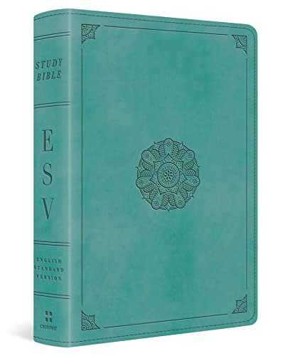 Turquoise TruTone Bible with floral emblem and gold lettering.