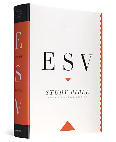 White and red ESV Study Bible with large lettering and thumb index.