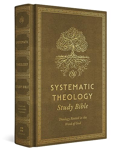 Ochre cloth-bound Bible with gold-foil tree design and “Systematic Theology” text.
