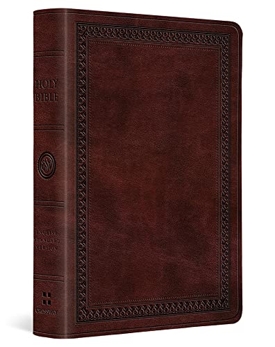 A brown leather-bound ESV Bible with an embossed decorative border on the cover.