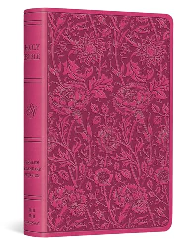 Pink pocket-sized Bible with an embossed floral pattern on the cover and spine.