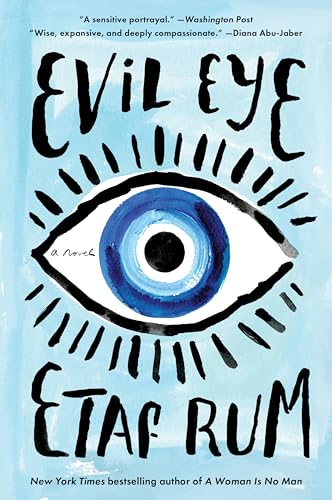 Book cover with a large, illustrated blue evil eye and black text.