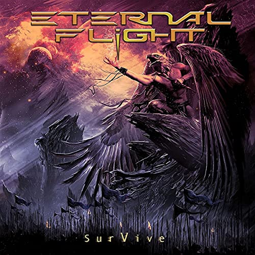 Fantasy album cover featuring a winged figure amidst a stormy, dark landscape.