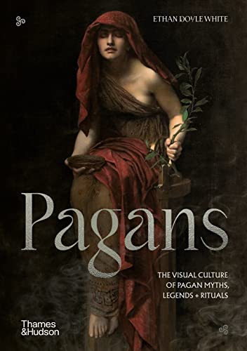 Book cover for “Pagans” featuring a woman in red robes and foliage.