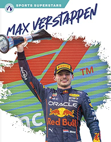 Max Verstappen in racing gear, holding a trophy, book cover.