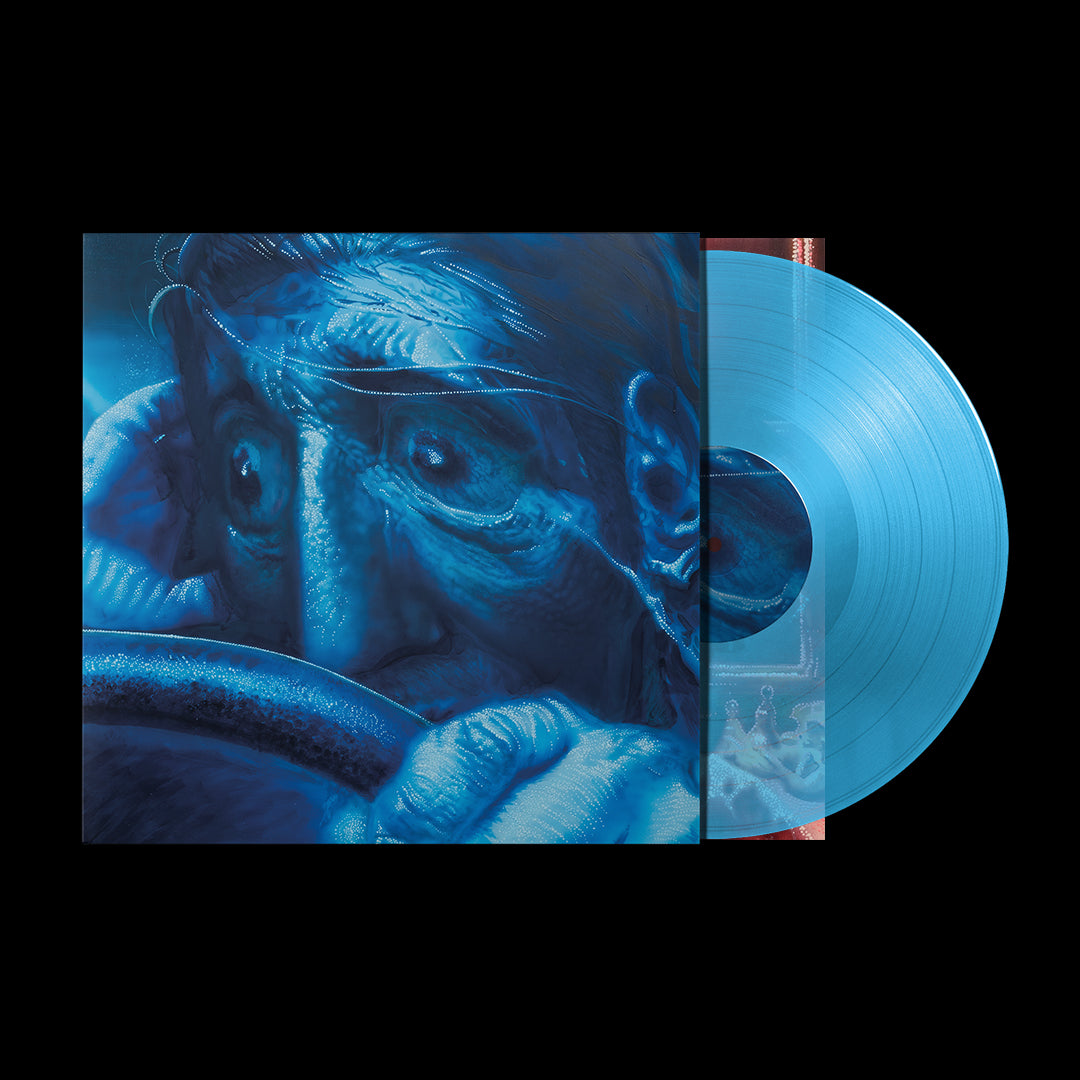 "Blue vinyl record and cover art featuring a close-up of a man's face."