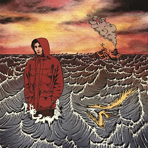 Hooded figure amidst stormy waves, with a sinking island and flying fish.