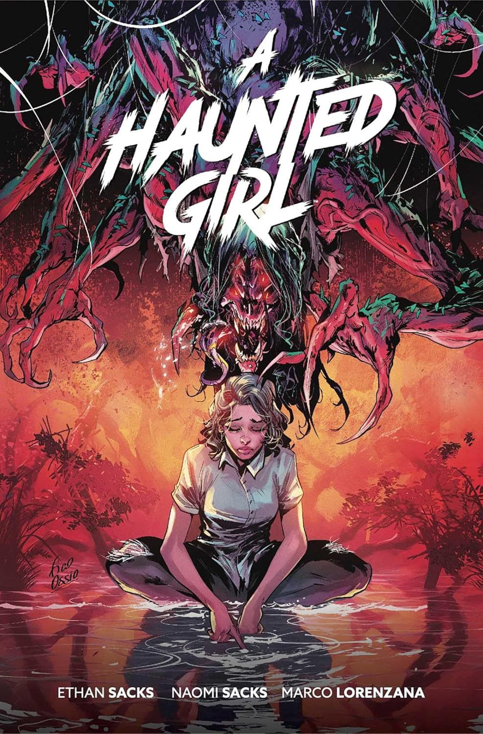 Book cover: woman facing thorny, shadowy figure with “A Haunted Girl” title.