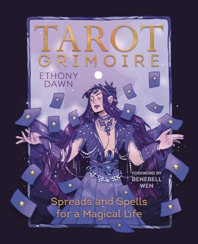 Book cover: “Tarot Grimoire” with illustration of a person and tarot cards.