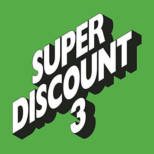 "Album cover with 'Super Discount 3' in white 3D text on a green background."