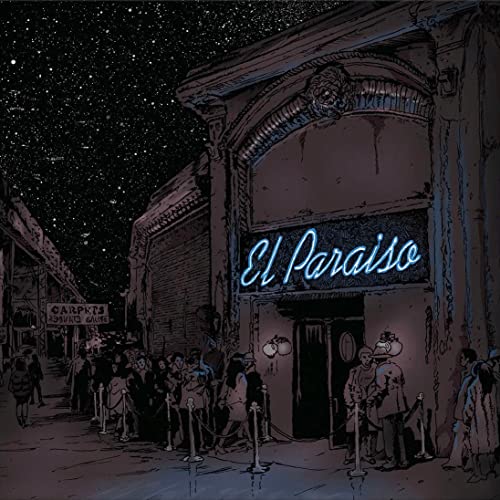 Night scene of a building facade with a glowing "El Paraiso" sign and people.