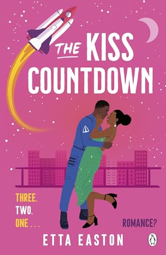 Book cover: couple embracing with a rocket and city skyline backdrop.