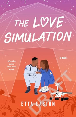Book cover: “The Love Simulation” with two figures on a red planet.