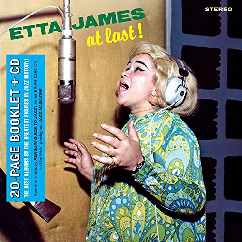 Etta James album cover, “At Last!”, showing her singing into a microphone.