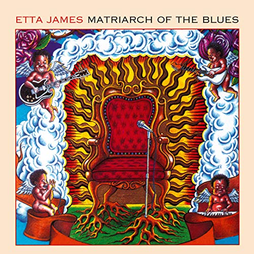 "Etta James' album cover featuring a red chair with a microphone, surrounded by cherubs."