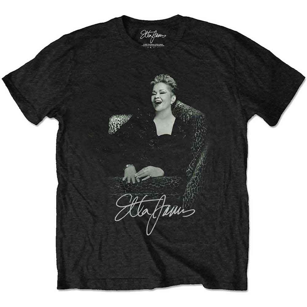 Large unisex t-shirt featuring a seated portrait of singer Etta James.
