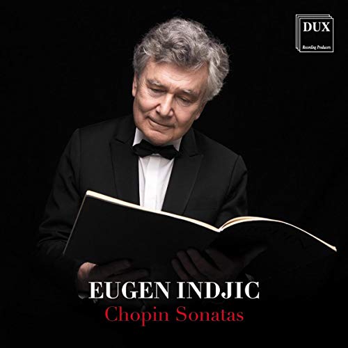 Man in tuxedo reads music score on album cover for "Chopin Sonatas" by Eugen Indjic.