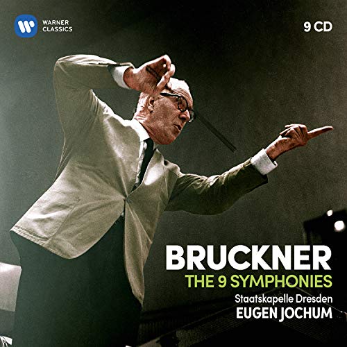 Conductor Eugen Jochum in a white suit, holding a baton, on a CD cover.
