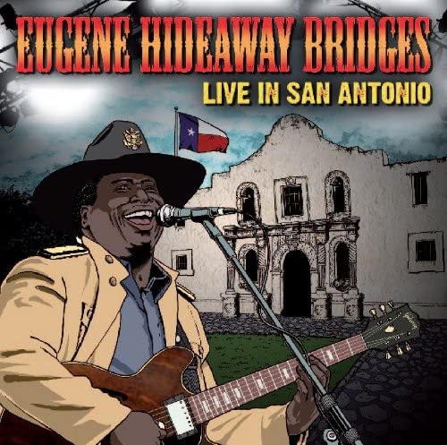 Illustration of Eugene Hideaway Bridges playing guitar in front of the Alamo.