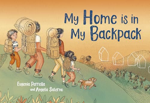 Children with backpacks walk toward distant, outlined houses with a dog.