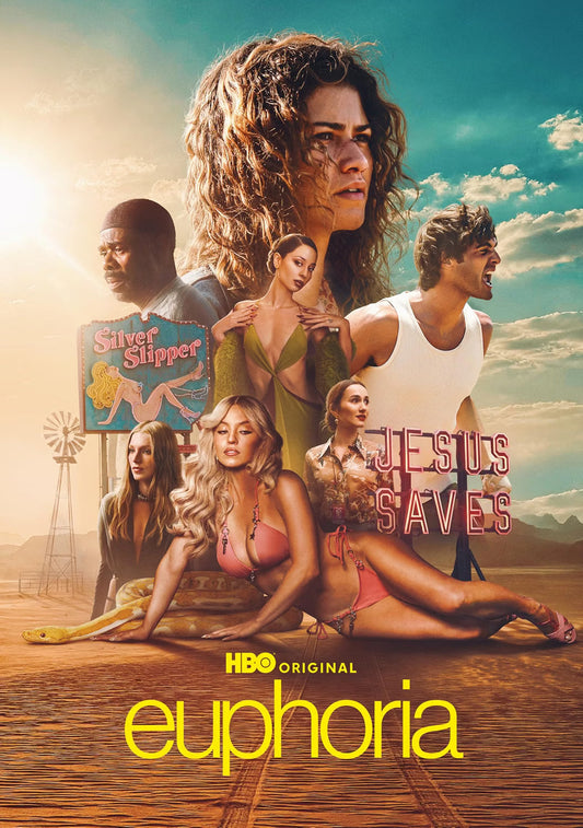 “Euphoria” Season 3 DVD cover featuring a group of young adults in a desert landscape.