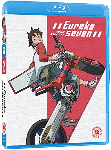 "Eureka 7 Part 1" Blu-ray case with anime boy on a motorcycle, red and white cover.