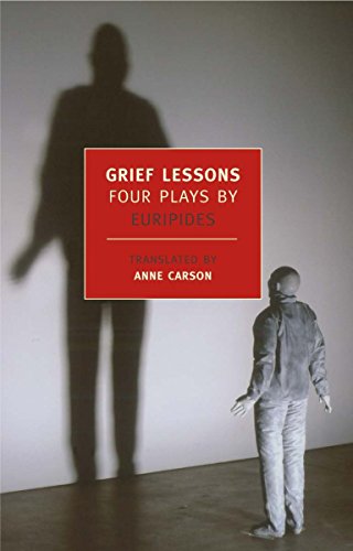Red book cover with figures in shadow, titled "Grief Lessons" by Euripides.