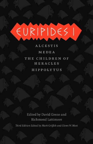 Black book cover with red “Euripides I: Alcestis” title and repeating lion heads.