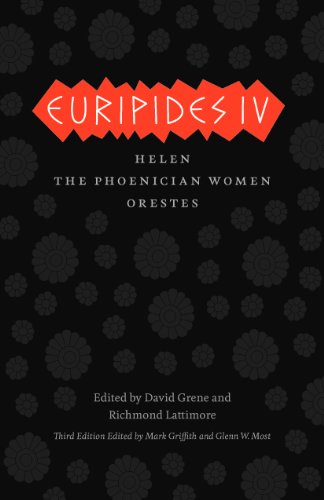 Book cover: "Euripides IV: Helen" with red text on a black floral background.